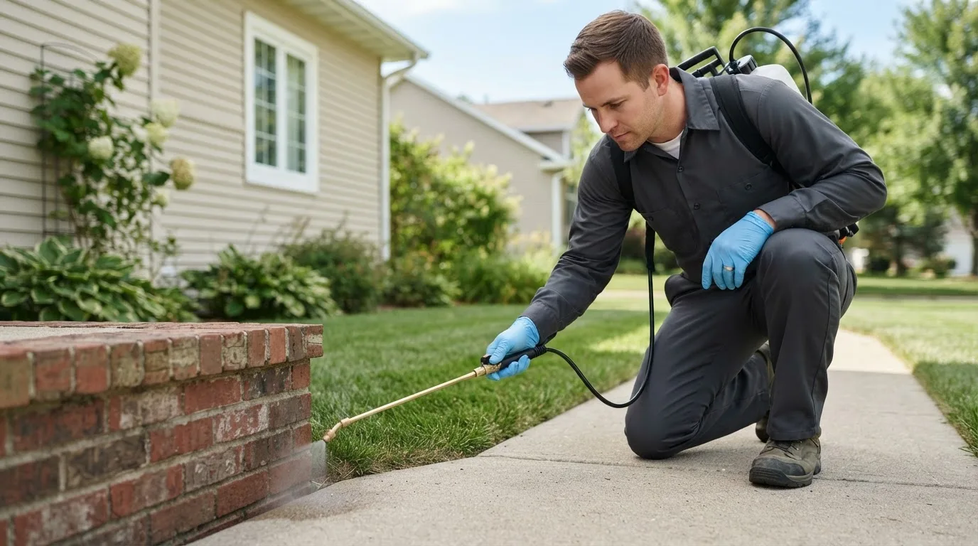 Pest control technician treating a home near Dimmitt, TX