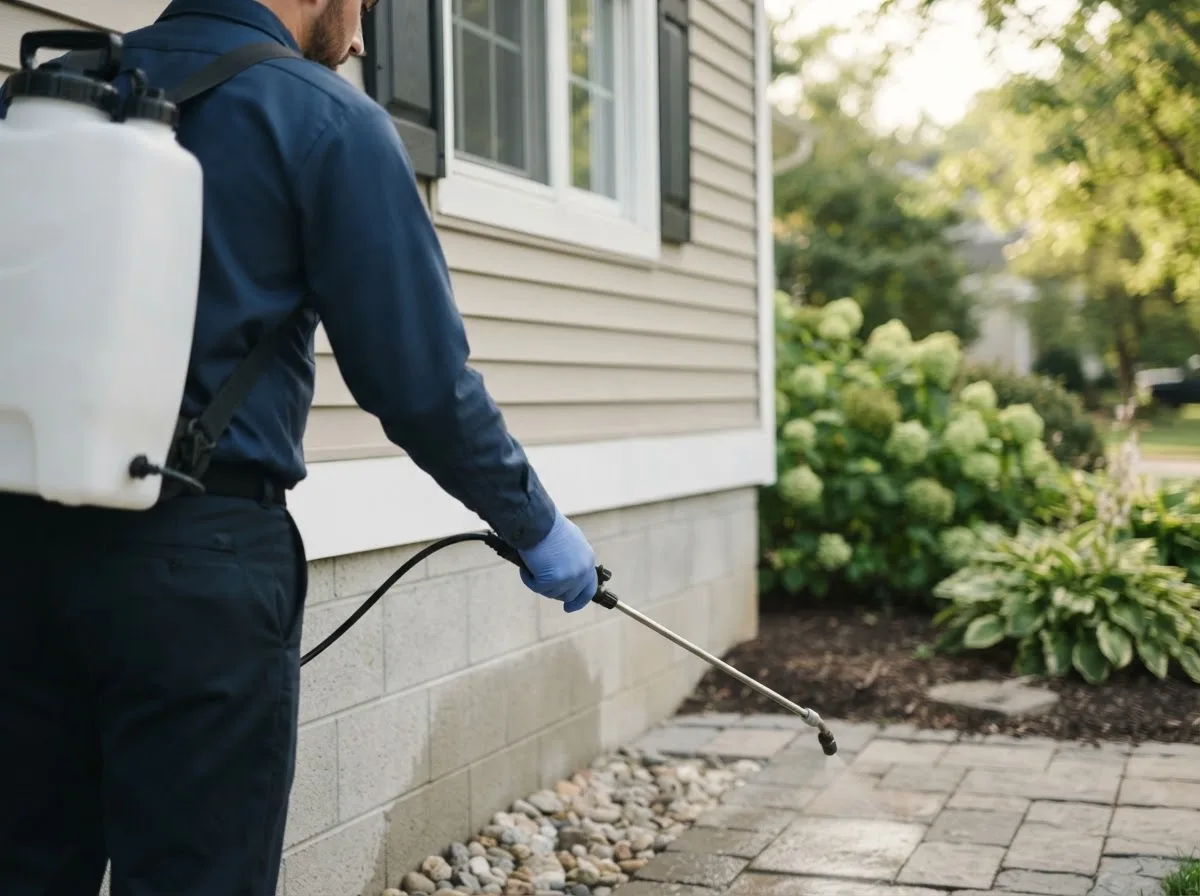 Pest control technician inspecting a home in Dimmitt, TX